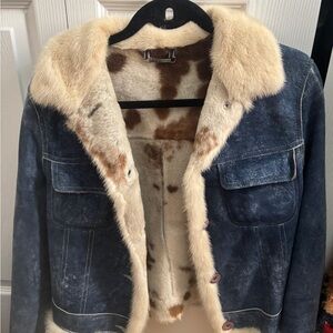 Gorgeous Unusual Vintage Shearling-Lined Suede Jacket with Cream Fur Trim